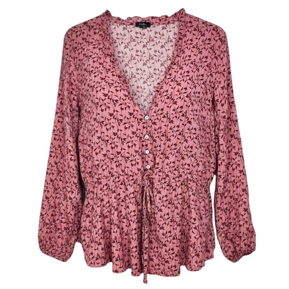 rue+ Pink Floral Vine Ruffle Peplum Blouse 1X Cottagecore Boho Romantic Plus Top